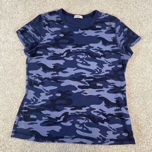 Allen Allen Womens Blue Camouflage Short Sleeve Crew Neck TShirt Size XL Vtg Y2k